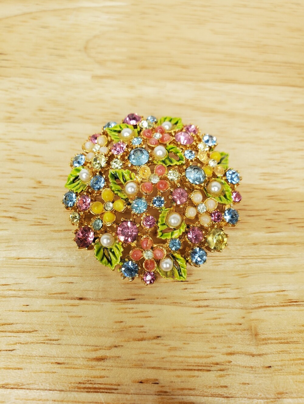 Vintage ART Arthur Pepper Floral Brooch Yellow Pink W/ Faux Pearls